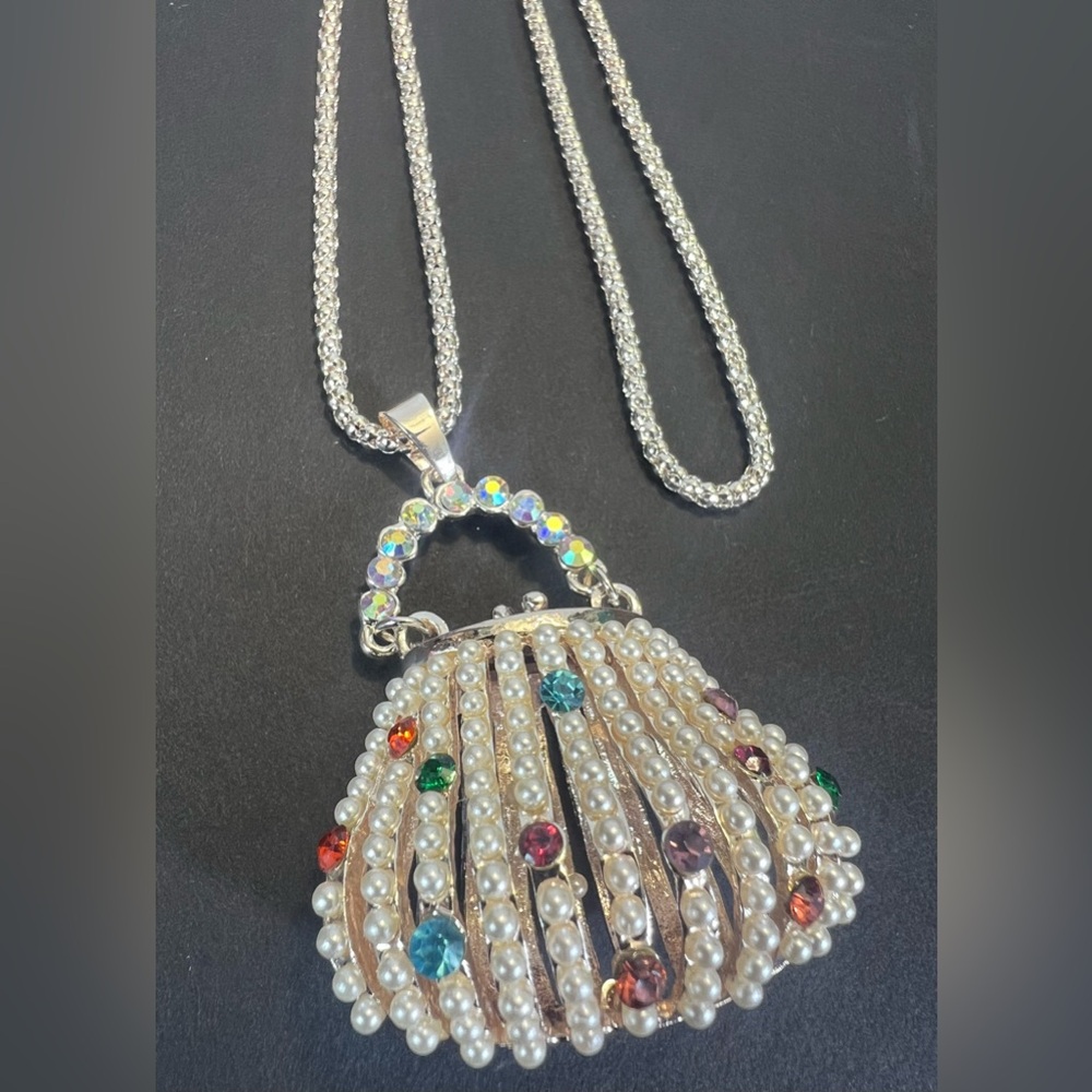 New Faux Pearl & Multicolor Rhinestone Evening Bag Necklace in Rose Gold - Picture 2 of 11